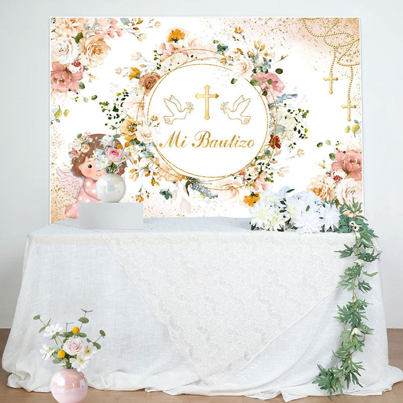Aperturee - Mi Bautizo Circle Flowers Girl Baptism Backdrop