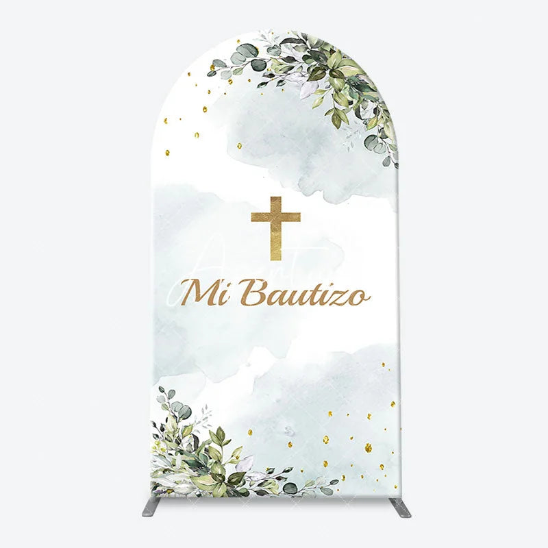 Aperturee - Mi Bautizo Gold Cross Leaves Arch Baptism Backdrop