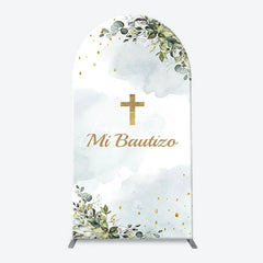 Aperturee - Mi Bautizo Gold Cross Leaves Arch Baptism Backdrop