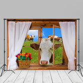 Aperturee - Milch Cow Brown Window Grass Spring Photo Backdrop