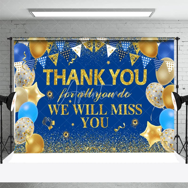 Aperturee - Miss You Golden Blue Balloon Flag Thank You Backdrop