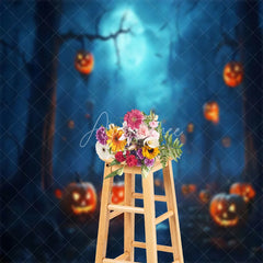 Aperturee - Misty Forest Pumpkins Moon Halloween Backdrop