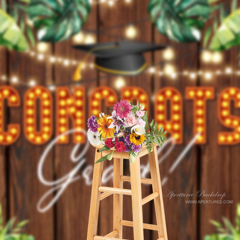 Aperturee - Monstera Wood Wall Congrats Grad Backdrop For Photo