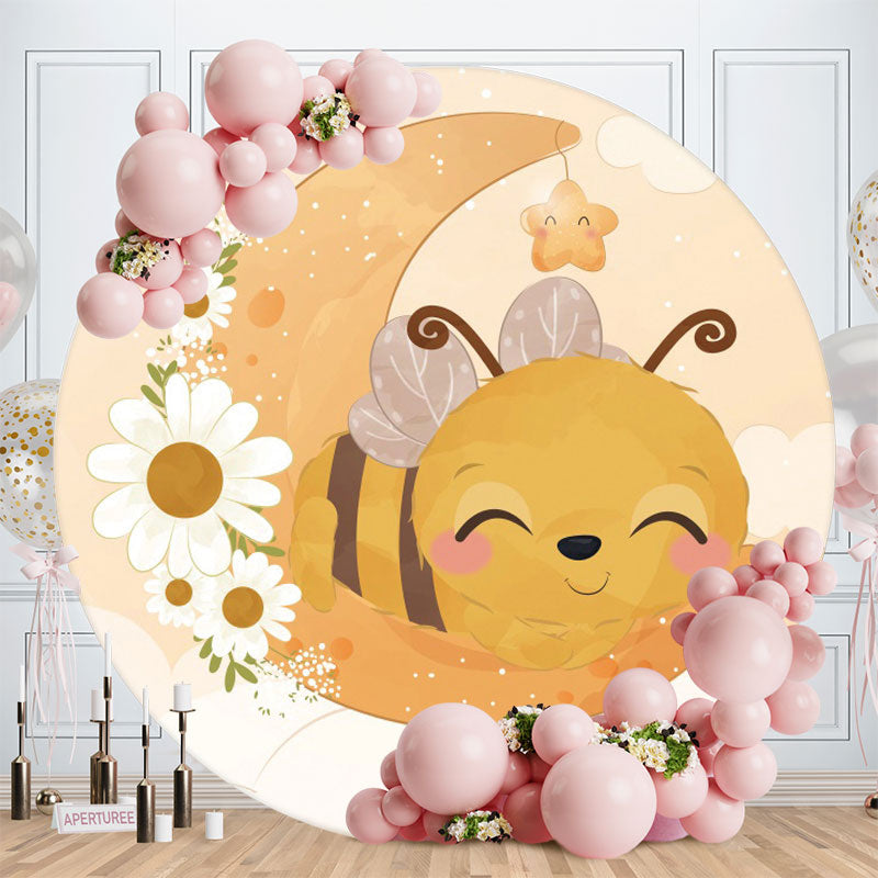 Aperturee - Moon And Bee Round Floral Baby Shower Backdorp