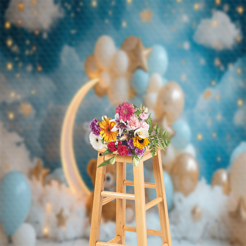 Aperturee - Moon Balloon Bear Bokeh Birthday Cake Smash Backdrop