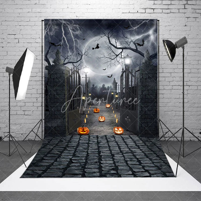 Aperturee - Moon Pumpkin Lantern Halloween Horror Night Backdrop