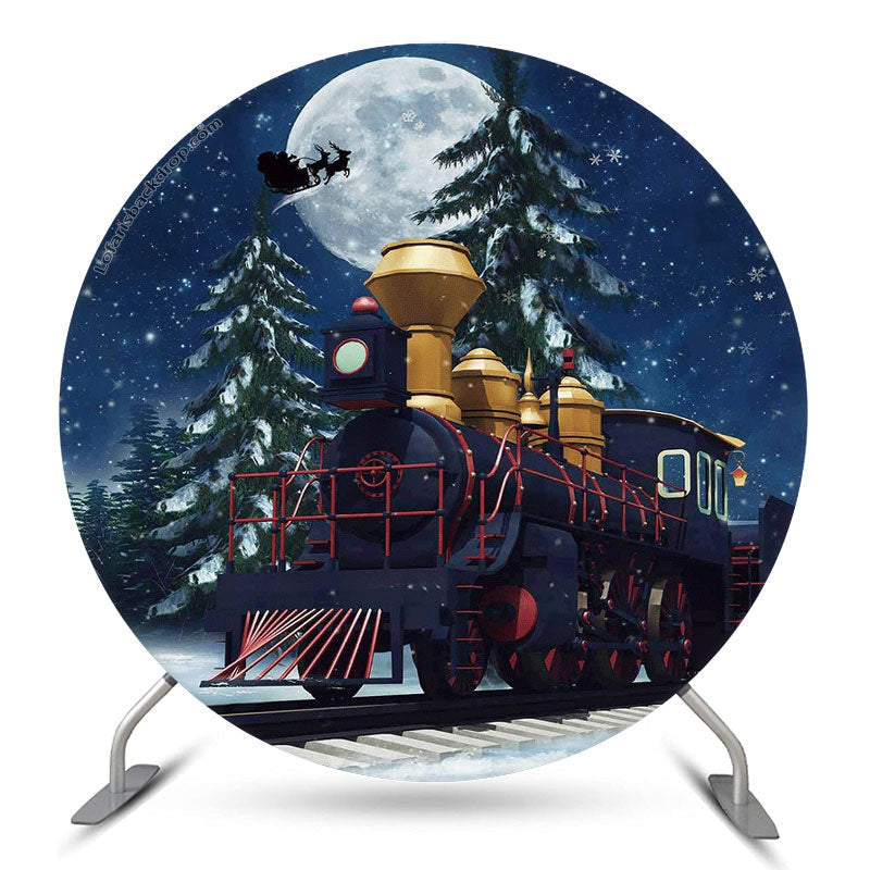 Aperturee Moon Train Pine Tree Christmas Night Round Backdrop