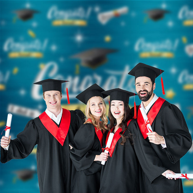 Aperturee - Mortarboard And Stars Cyan Backdrop For Congrats Grad