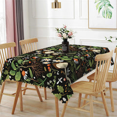 Aperturee - Mushroom Floral Plant Black Rectangle Tablecloth