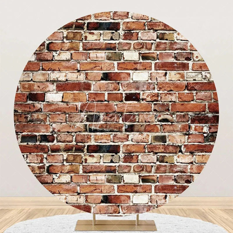 Aperturee - Natural Brown Brick Wall Round Birthday Backdrop