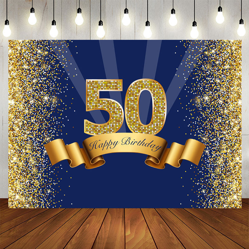 Aperturee - Navy Blue and Gold Happy 50th Birthday Party Backdrop