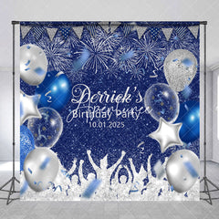 Aperturee - Navy Blue Silver Balloon Custom Birthday Backdrop