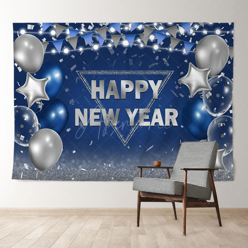 Aperturee - Navy Blue Silver Balloon Flag New Year Backdrop