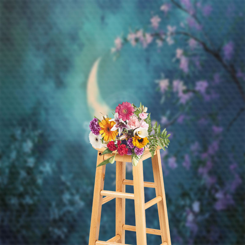 Aperturee - Night Cloud Moon Leaves Lilac Floral Photo Backdrop