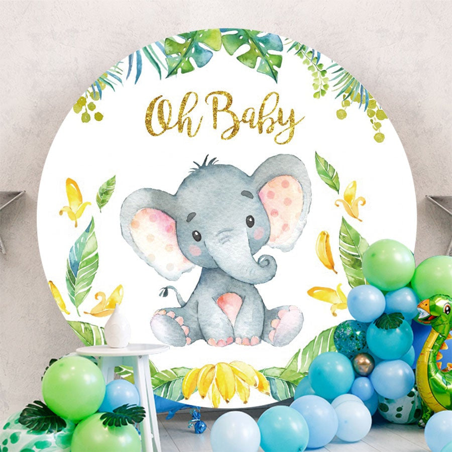 Aperturee - Oh Baby Elephant Round Baby Shower Backdrop