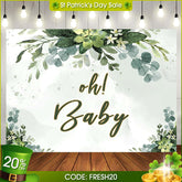 (Ship In 24HR) Oh Baby Green Plant Baby Shower Backdrop for Photos