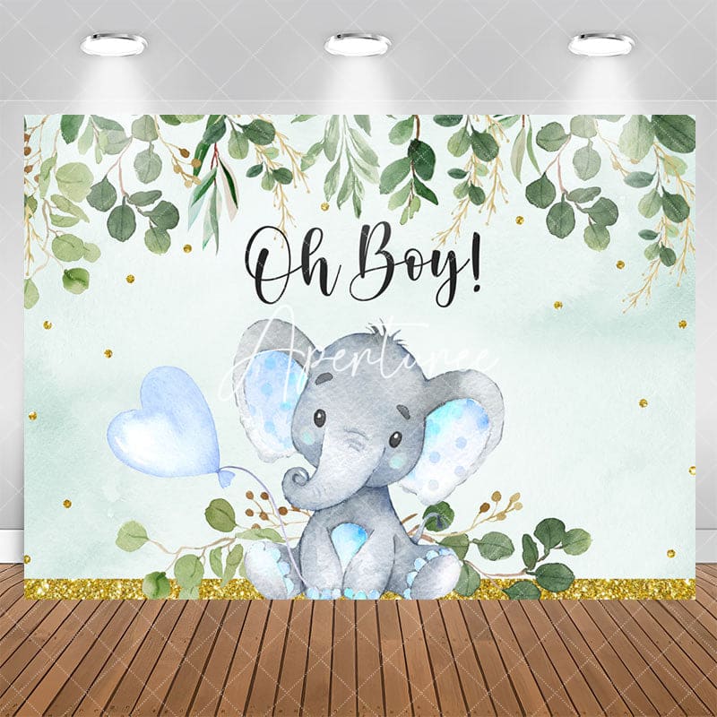 Aperturee - Oh Boy Green Leaves Blue Elephent Baby Shower Backdrop