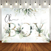 Aperturee - Oh Boy Green Leaves Gold Boho Baby Shower Backdrop
