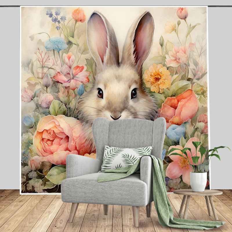 Aperturee - Oil Painting Style Bunny Floral Birthday Backdrop