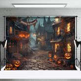 Aperturee - Old Scary Street Pumpkins Happy Halloween Backdrop