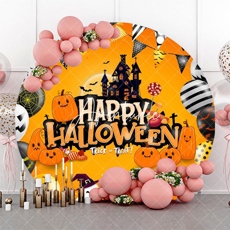Aperturee - Orange Pumpkins Balloons Round Halloween Backdrop