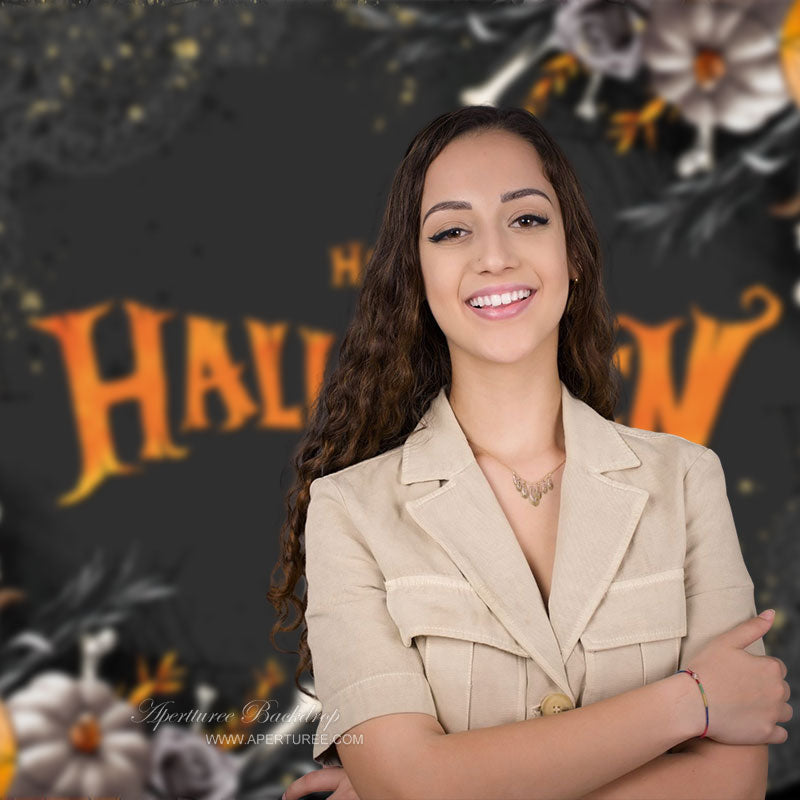 Aperturee - Orange Scary Pumpkin Black Happy Halloween Backdrop