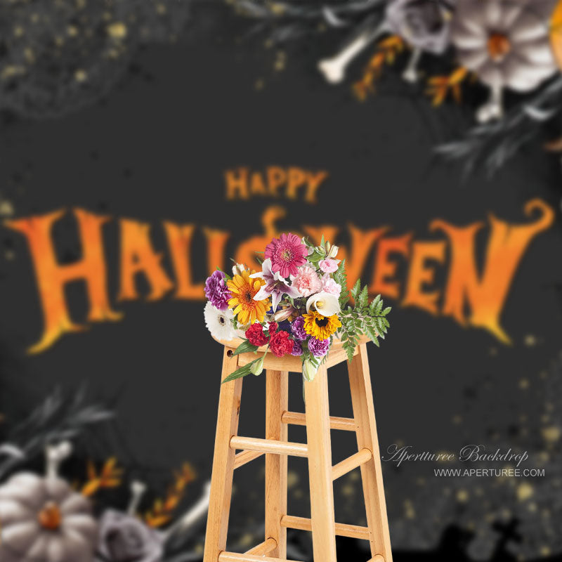 Aperturee - Orange Scary Pumpkin Black Happy Halloween Backdrop