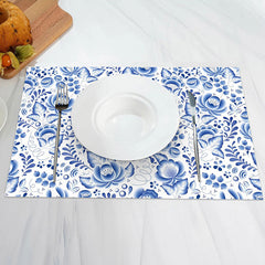 Aperturee - Paisley Blue Floral Leaf Pattern Set Of 4 Placemats