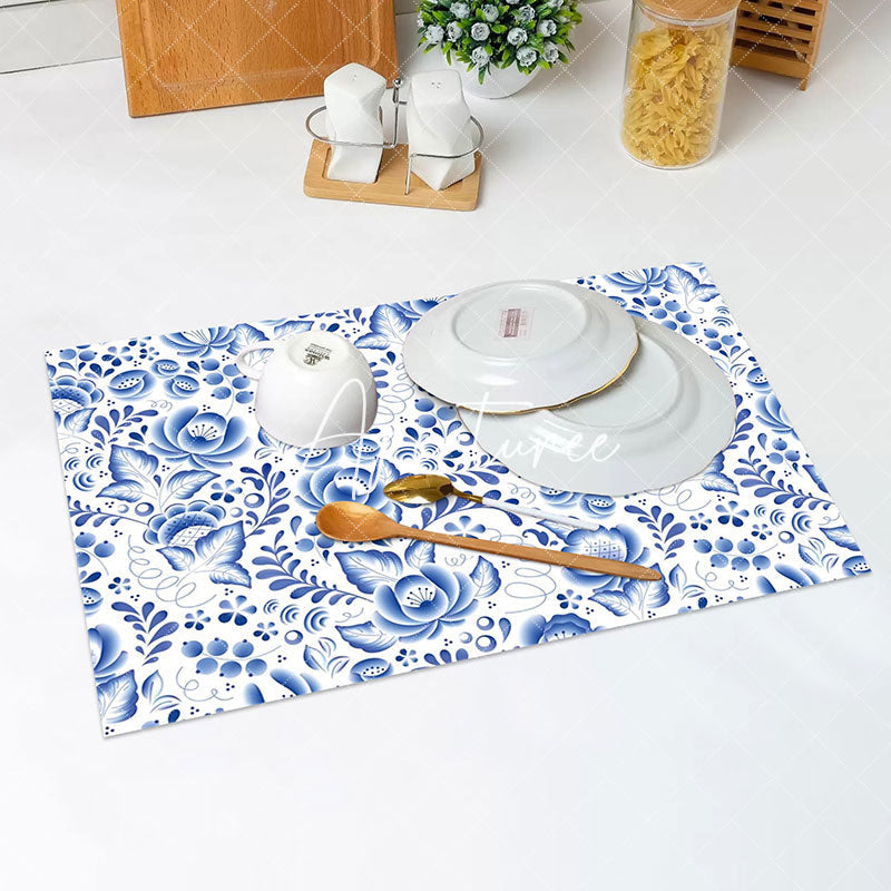 Aperturee - Paisley Blue Floral Leaf Pattern Set Of 4 Placemats