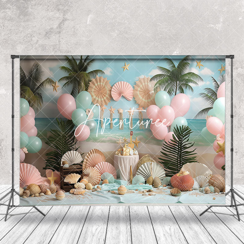 Aperturee - Palm Tree Shell Balloons Coastal Cake Smash Backdrop
