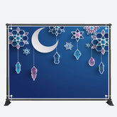 Aperturee - Paper Flower Pendant Moon Blue Eid Mubarak Backdrop