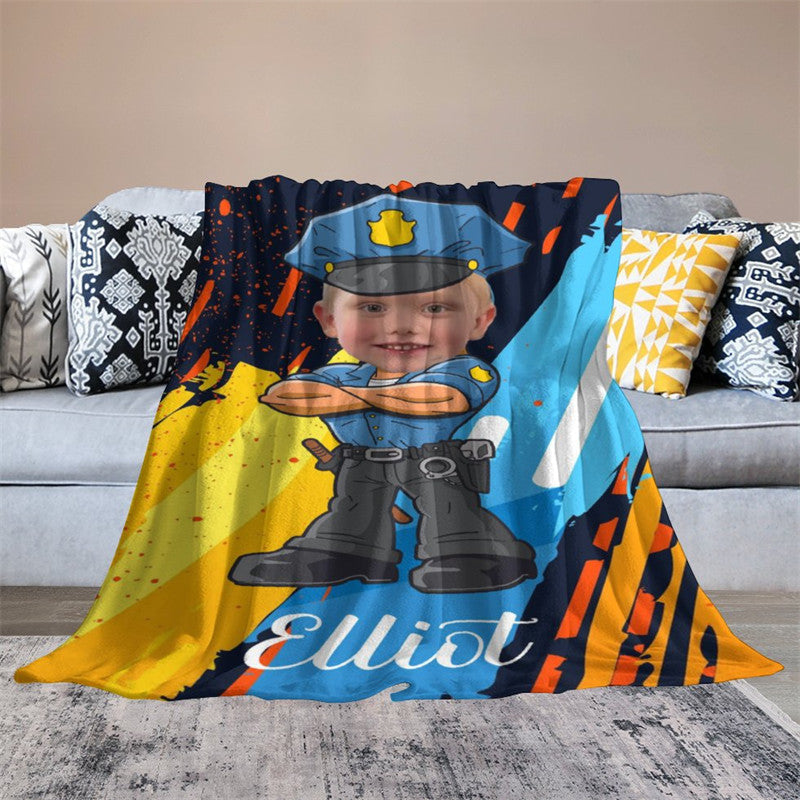 Aperturee - Personalized Photo Cartoon Hug Policeman Boy Blanket