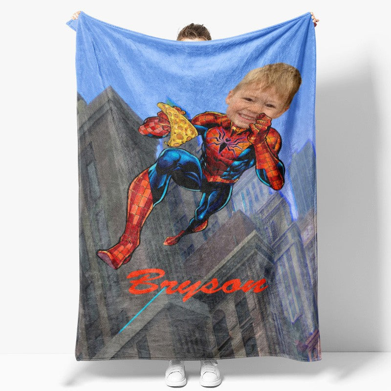 Aperturee - Personalized Photo Flying Hero Pizza City Blanket