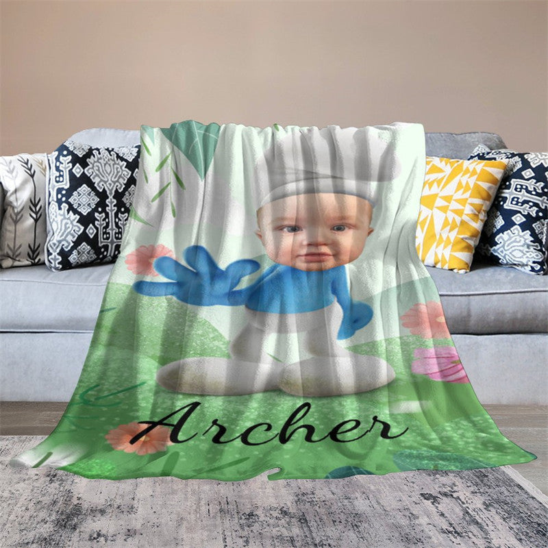 Aperturee - Personalized Smurfs Face Green Flower Soft Blanket