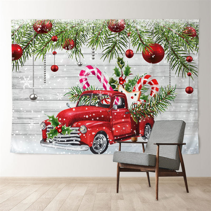 Aperturee - Pine Leaves Red Car Baubles Wood Xmas Backdrop