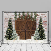 Aperturee - Pine Tree Cloud Brick Wall Wood Door Christmas Backdrop