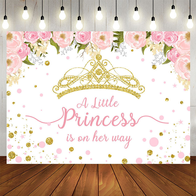 Aperturee - Pink And Gold Crown Little Princess Baby Shower Backdrop