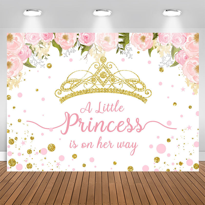 Aperturee - Pink And Gold Crown Little Princess Baby Shower Backdrop