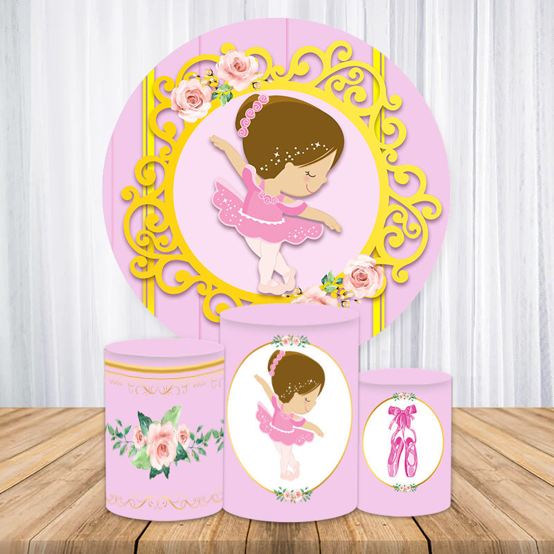 Aperturee Pink And Gold Floral Ballerina Round Party Backdrop Kit