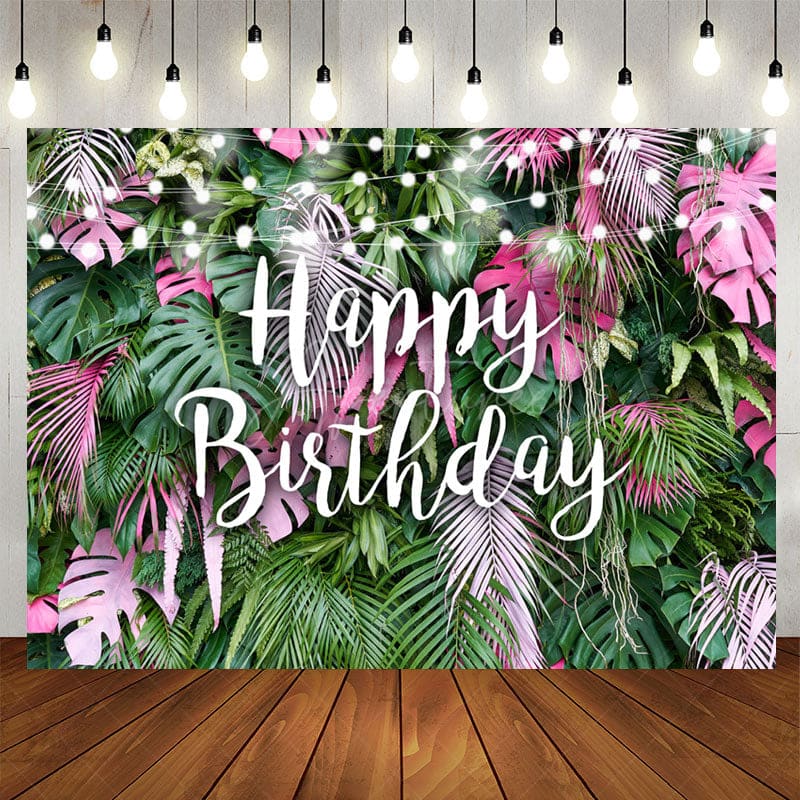 Aperturee - Pink and Green Tropical Leaves Happy Birthday Backdrop