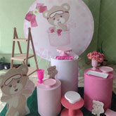 Aperturee - Pink And Light Brow Teddy Bear Round Birthday Backdrop