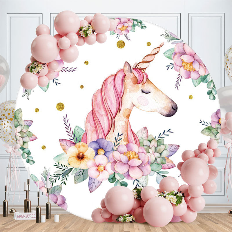 Aperturee - Pink And Purple Floral Unicorn Round Birthday Backdrop