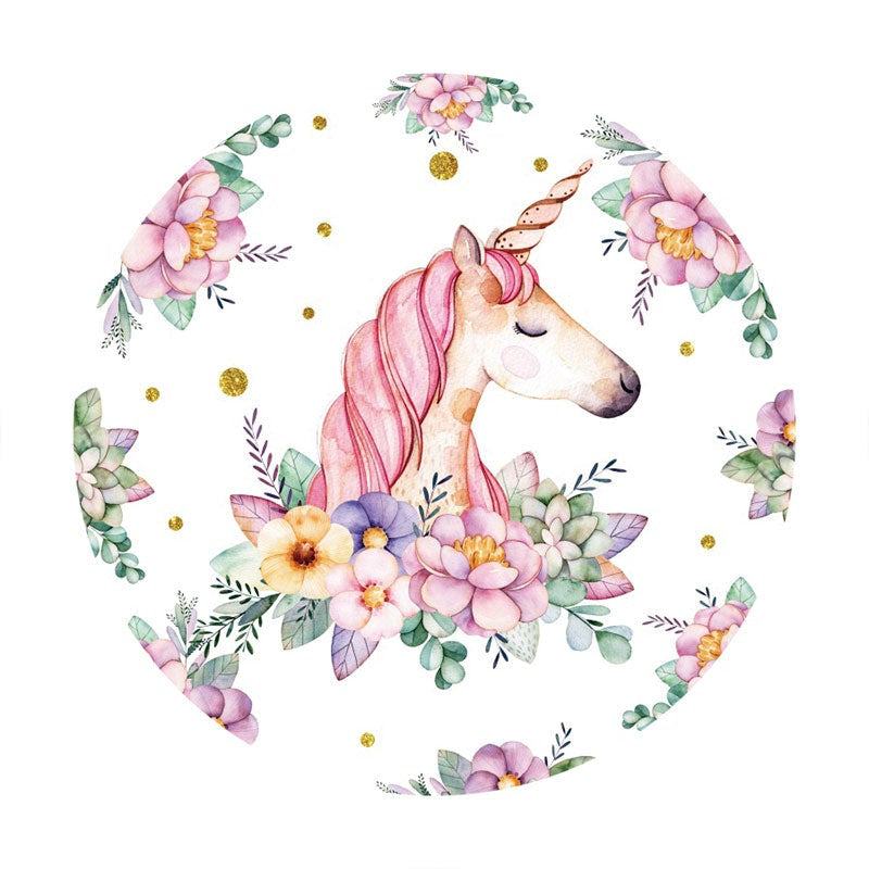 Aperturee - Pink And Purple Floral Unicorn Round Birthday Backdrop