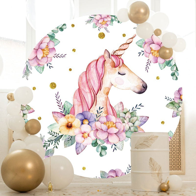 Aperturee - Pink And Purple Floral Unicorn Round Birthday Backdrop