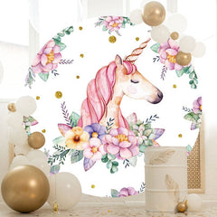 Aperturee - Pink And Purple Floral Unicorn Round Birthday Backdrop