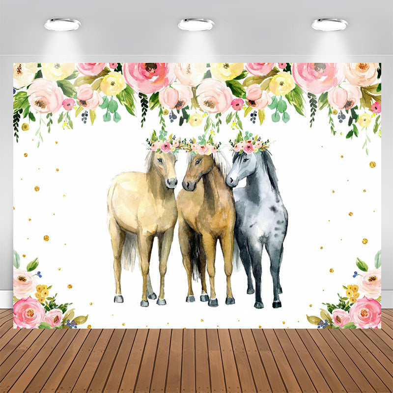 Aperturee - Pink and Yellow Florals and Three Horse Party Backdrop