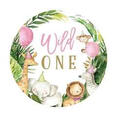 Aperturee - Pink Ballon Jungle Animals Round 1st Birthday Backdrop