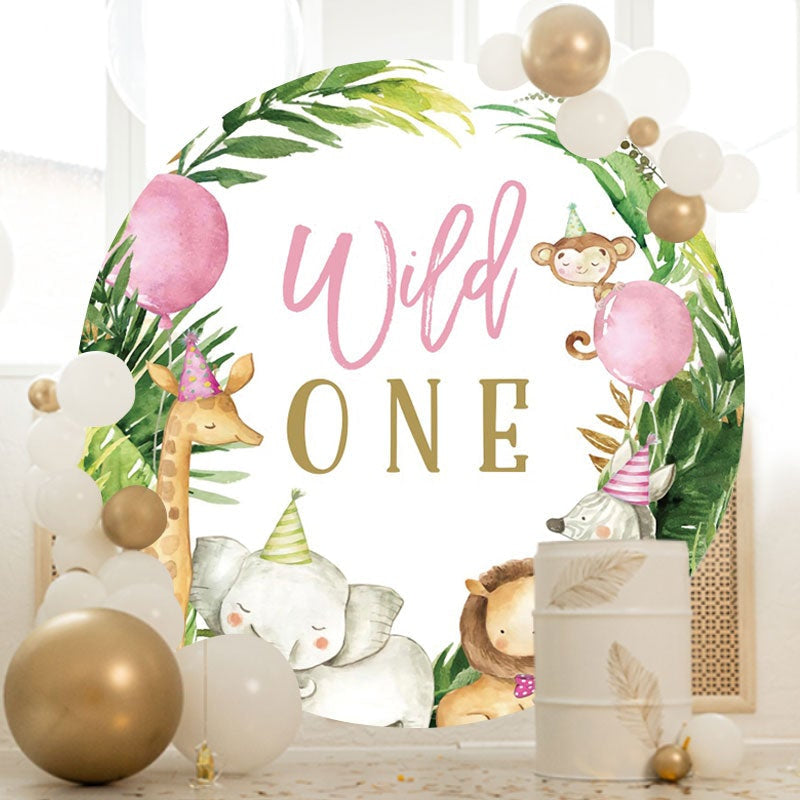 Aperturee - Pink Ballon Jungle Animals Round 1st Birthday Backdrop