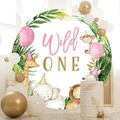 Aperturee - Pink Ballon Jungle Animals Round 1st Birthday Backdrop