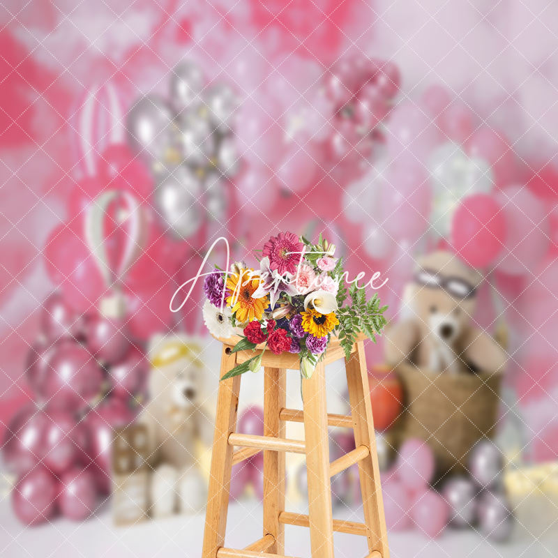 Aperturee - Pink Balloon teddy bear birthday cake smash Backdrop